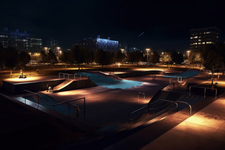 Modern swimming pool in the city at night with lights and reflections.の素材