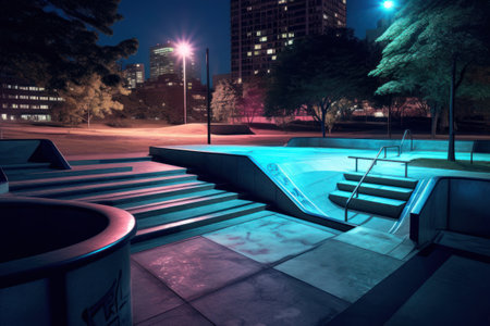 City park at night with a fountain and stairs, 3d renderの素材