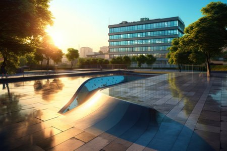 Swimming pool in the park at sunset, closeup of photoの素材