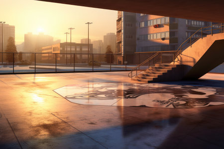 3d render of empty terrace with stairs in modern city at sunsetの素材