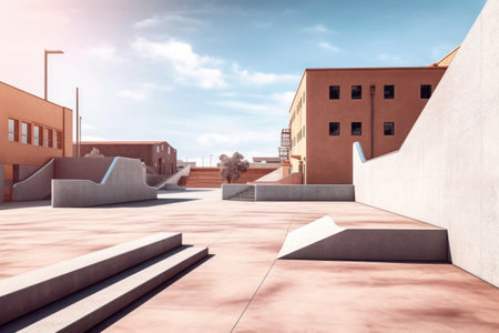 3d render of a modern building with stairs and a blue skyの素材