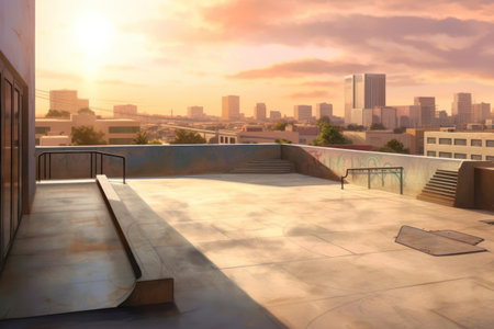 View of the city from the roof of the building at sunset.の素材