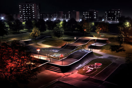 skate park at night with lights and buildings in the background.の素材