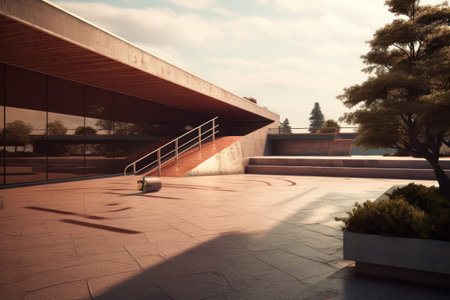 Modern building with stairs and terrace in the evening. 3d renderingの素材