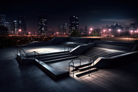 Empty skatepark at night in the city. 3d rendering.の素材