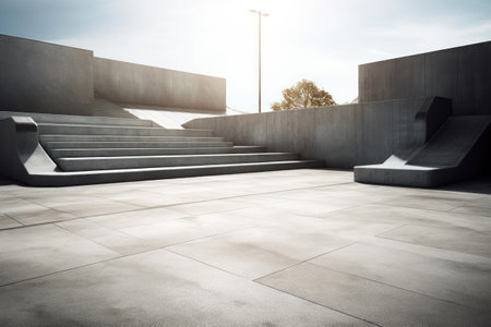 Empty square floor with concrete stairs and blue sky. Perspective view.の素材