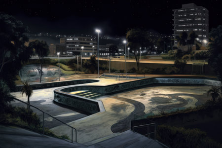 3D rendering of a skate park at night with trees and buildingsの素材