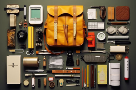 Top view of a set of various travel items on a green backgroundの素材