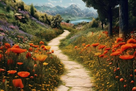 Landscape with poppies and alpine meadow. Digital painting.の素材