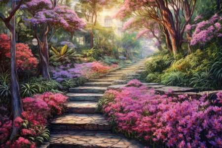 Beautiful spring garden with blooming flowers and stone path. Digital painting.の素材
