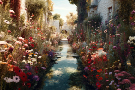 Watercolor painting of a canal with flowers in a village in Spainの素材
