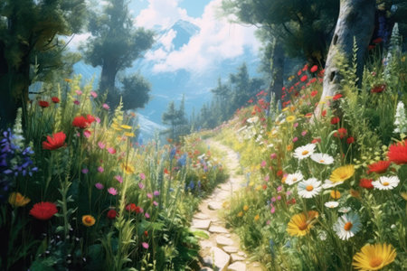 Digital painting of a colorful meadow with flowers in the mountains.の素材