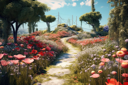 Digital painting of a path in a garden with poppies.の素材