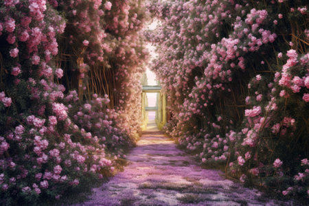 Digital painting of a path surrounded by purple flowers in a park.の素材