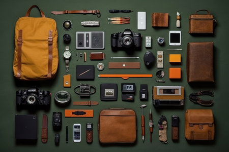 Flat lay of a collection of travel equipment on a green backgroundの素材