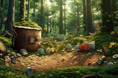 3d render of fantasy forest with a bucket and a pot.の素材