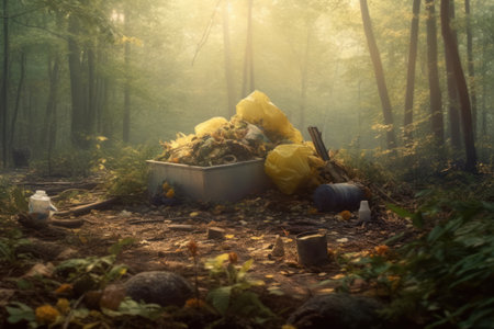 garbage dump in the forest, trash can in the autumn forestの素材