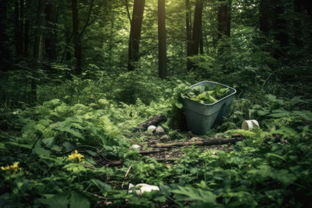 Plastic bucket in the green forest. Concept of environmental pollution.の素材