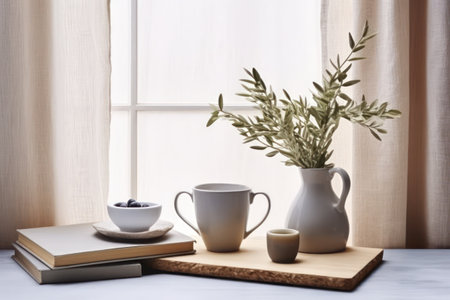 Cup of coffee, book and plant on wooden table near windowの素材