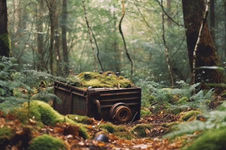 Wooden cart in the forest with moss and ferns.の素材