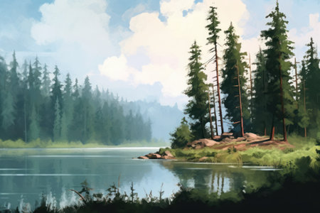 Digital painting of a forest lake with pine trees and a high voltage power lineの素材