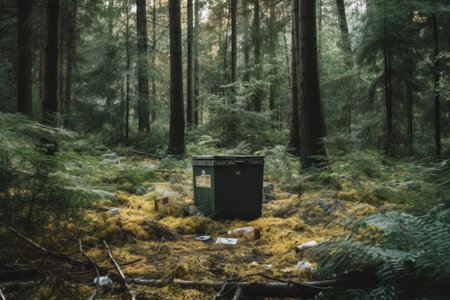 Trash can in the forest with trees and grass in the foregroundの素材
