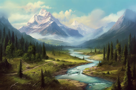 Beautiful mountain landscape with river and high peaks. Digital painting.の素材