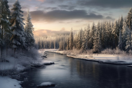Winter landscape with frozen river and forest at sunset. Long exposure.の素材