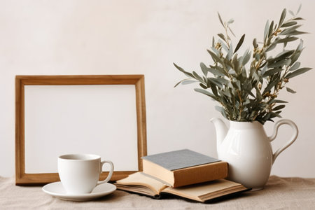 Cup of coffee, book and vase with eucalyptus branch on tableの素材