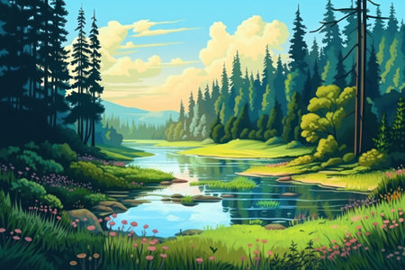 Beautiful summer landscape with river and forest. Vector illustration in cartoon styleの素材