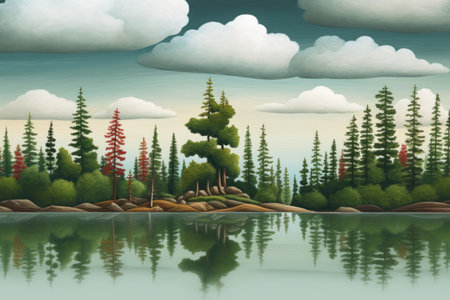 Illustration of a lake with trees and clouds reflected in the waterの素材