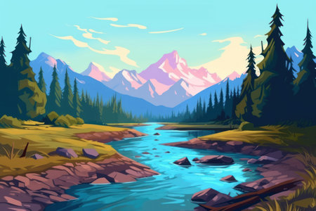 Mountain landscape with river and forest. Vector illustration in cartoon styleの素材