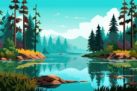 Beautiful landscape with a lake in the forest. Vector illustration.の素材