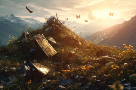 Abandoned boat on the meadow in the mountains. 3d renderingの素材