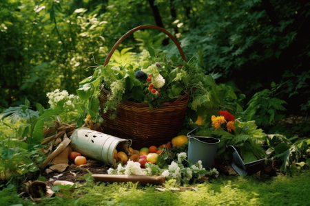 picnic in the forest, basket with fresh vegetables and herbs.の素材