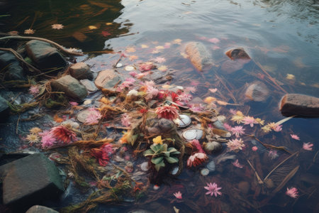 Flowers in the water of a pond with stones and fallen leavesの素材
