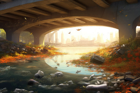 Fantasy landscape with bridge and lake,3d render illustration.の素材