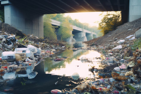 Garbage in the river under the bridge. Concept of environmental pollution.