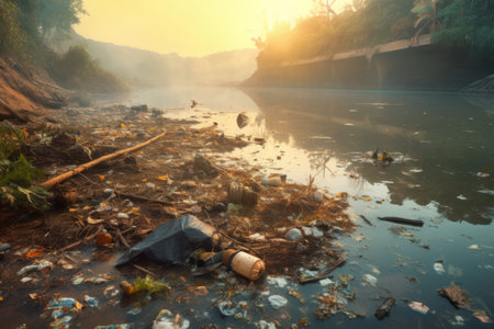 Pollution of the environment concept. Garbage in the river.の素材
