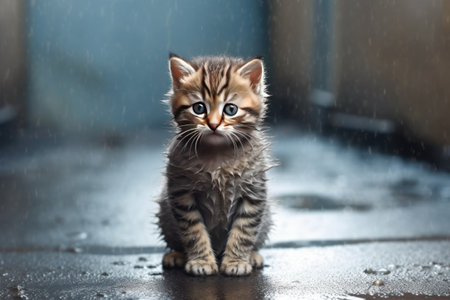 Cute little bengal kitten sitting on the floor in the rainの素材