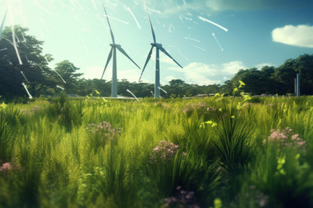 Wind turbines in the field. Alternative energy source. 3d renderingの素材