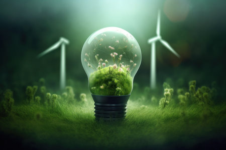 Glowing light bulb with green grass and windmills on backgroundの素材