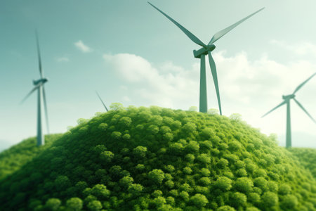 Wind turbines on green hill. Renewable energy concept. 3D Renderingの素材