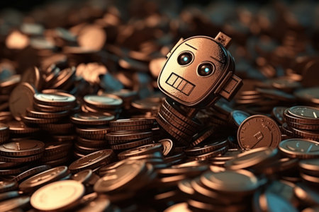 Robot on a pile of coins. 3d illustration. Technology background.の素材