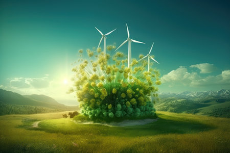 Ecology concept with wind turbines in green field. 3D renderingの素材