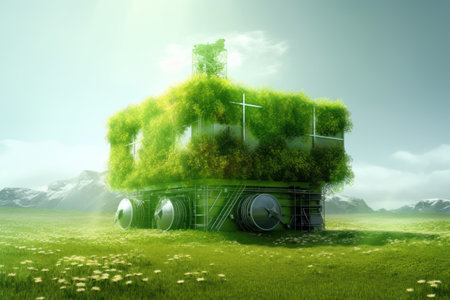 Green train in the meadow. 3d render. Nature conceptの素材