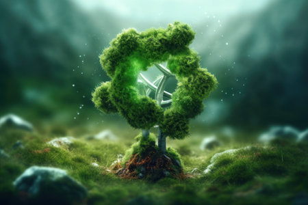 Green eco friendly concept. 3D illustration of green eco-friendly tree growing on mossy groundの素材