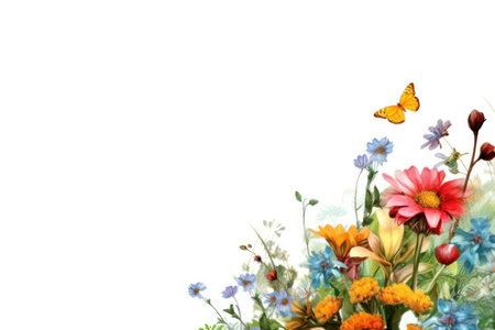 Flowers and butterfly isolated on white background. Floral background.の素材