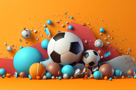 3d rendering of a group of different soccer balls on an orange backgroundの素材