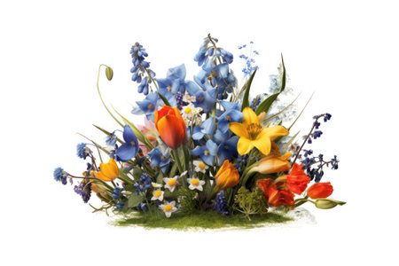 Bouquet of spring flowers isolated on white background. Tulips, daffodils and hyacinthsの素材